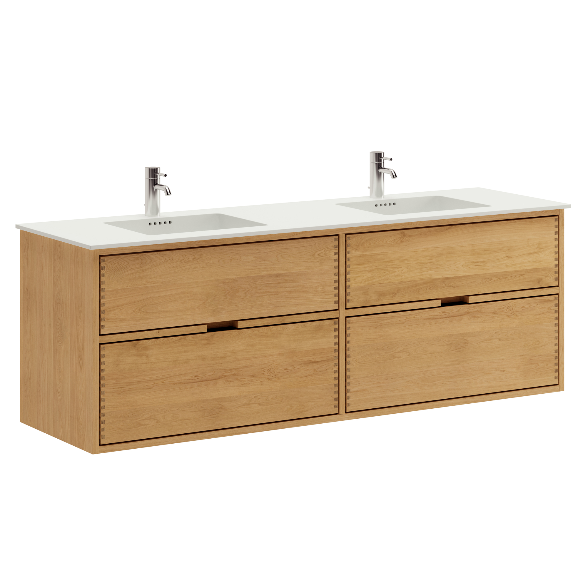 160 cm Naturolieret Just Wood badmøbel med 4 skuffer og Solid Surface bordplade - Dobbelt vask