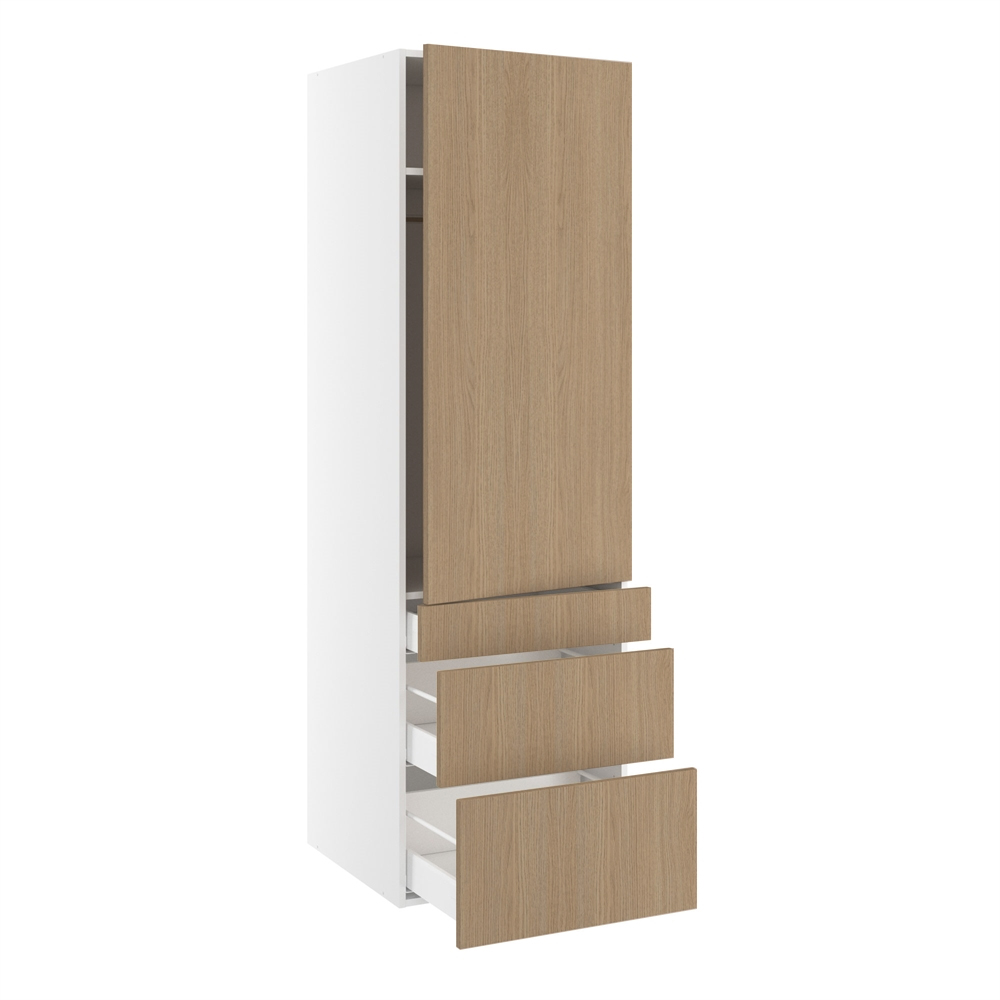 Garderobeskab, 1244mm låge, 3 skuffer H:124/252/316mm, 1 hylde, 1 konstruktionshylde, 1 bøjlestang. H:1952 B:400 D:580