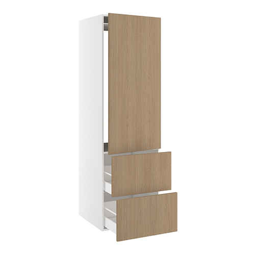 Højskab, t/integreret køl med fladhængsler, 1244mm låge, u/hængselsboring, 2 skuffer H:348mm, hul: 1224mm. H:1952 B:600 D:580