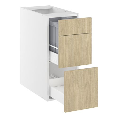 Underskab, m/luksusaffaldsudtræk, 380mm låge, 2-delt sammensat, 2 spande m/låg, 1 skuffe. H:704 B:300 D:580